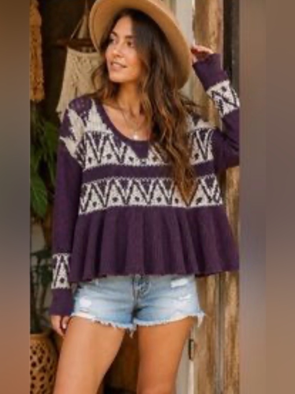 Free People Women’s Babydoll Waffle Knit Aztec Print Sweater Size Medium